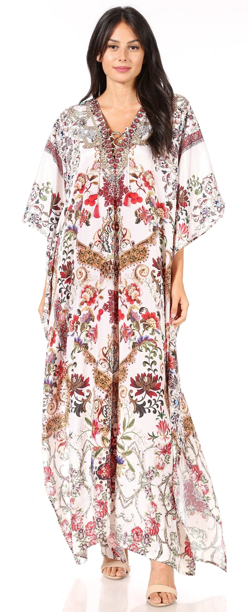 Sakkas Yeni Women's Short Sleeve V-neck Summer Floral Long Caftan Dress Cover-up dresses La Vie Bien Sakkas Yeni Women's Short Sleeve V-neck Summer Floral Long Caftan Dress Cover-up