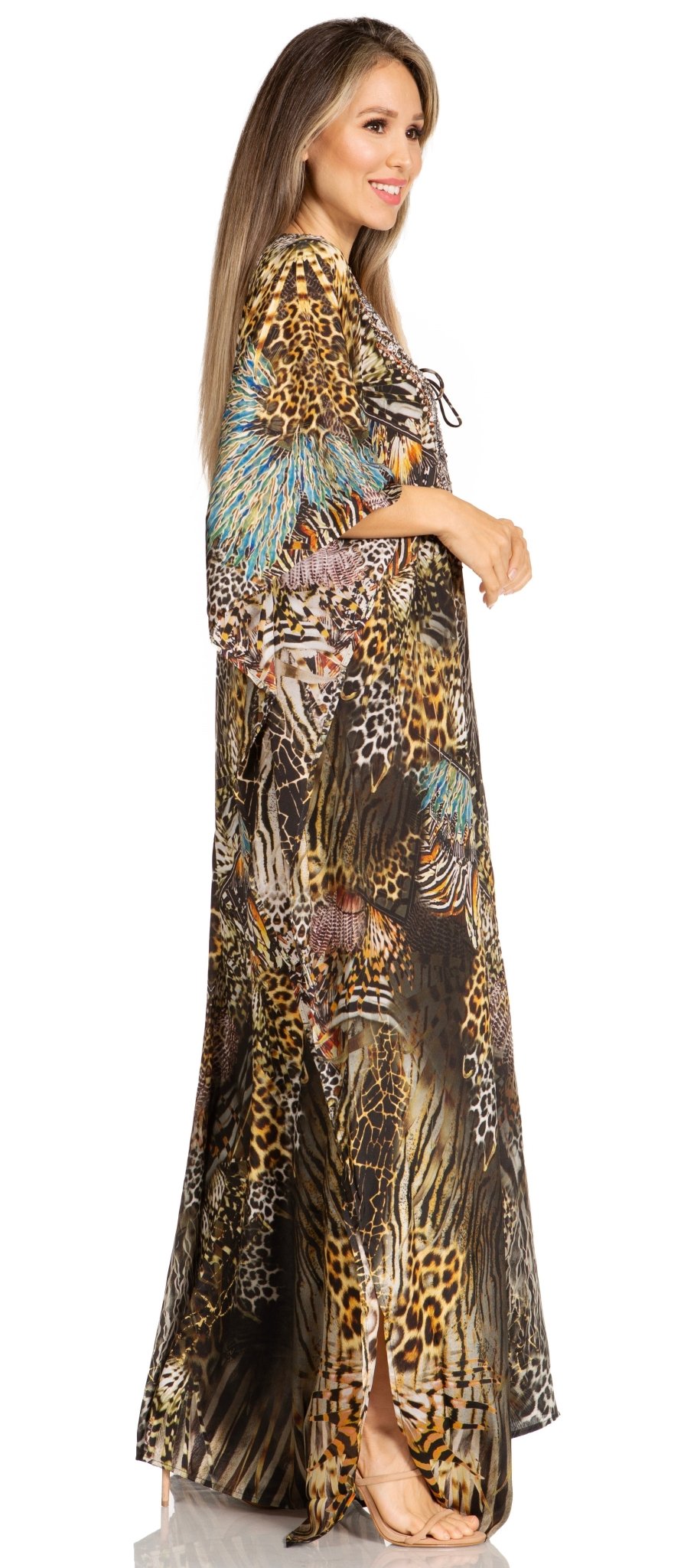 Sakkas Yeni Women's Short Sleeve V-neck Summer Floral Long Caftan Dress Cover-up dresses La Vie Bien Sakkas Yeni Women's Short Sleeve V-neck Summer Floral Long Caftan Dress Cover-up