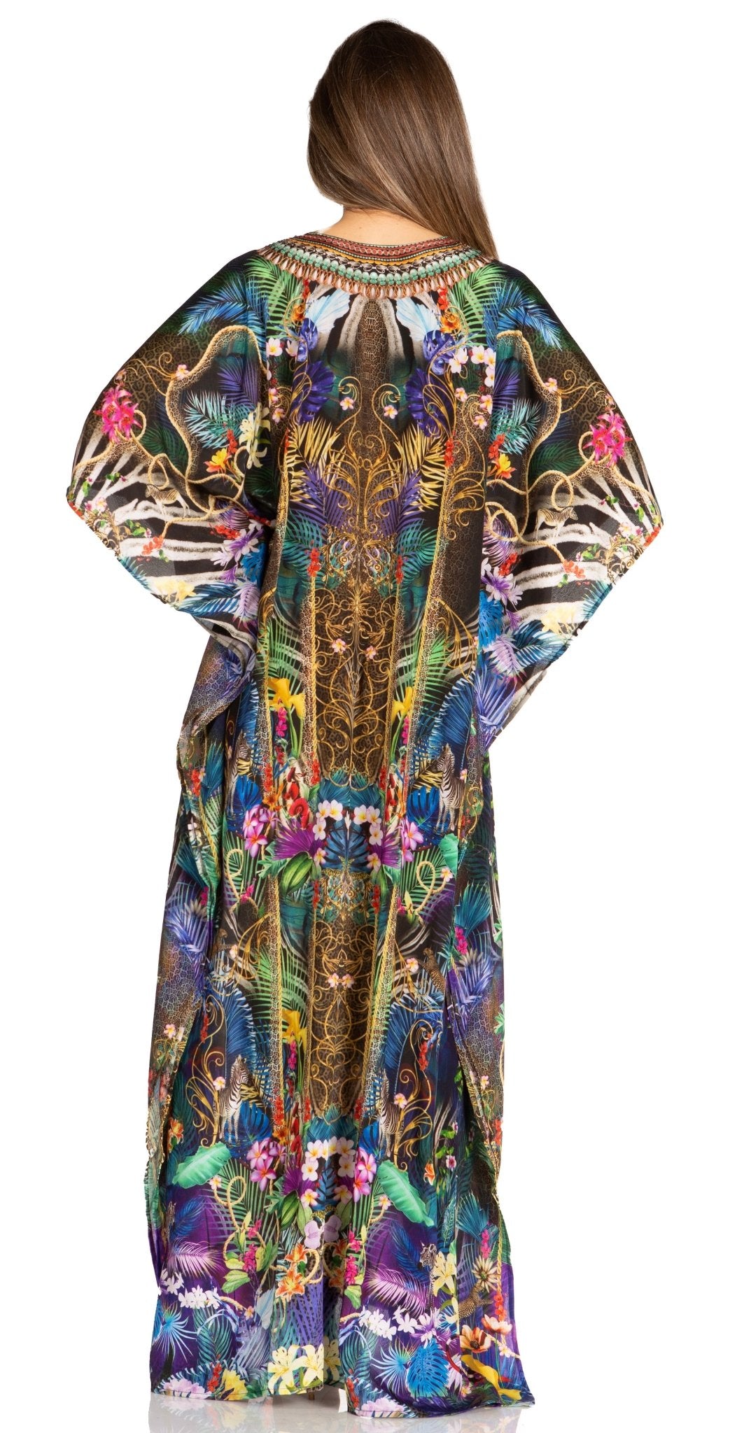 Sakkas Yeni Women's Short Sleeve V-neck Summer Floral Long Caftan Dress Cover-up dresses La Vie Bien Sakkas Yeni Women's Short Sleeve V-neck Summer Floral Long Caftan Dress Cover-up