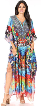 Sakkas Yeni Women's Short Sleeve V-neck Summer Floral Long Caftan Dress Cover-up dresses La Vie Bien Sakkas Yeni Women's Short Sleeve V-neck Summer Floral Long Caftan Dress Cover-up