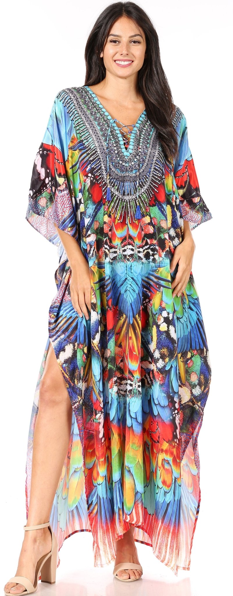 Sakkas Yeni Women's Short Sleeve V-neck Summer Floral Long Caftan Dress Cover-up dresses La Vie Bien Sakkas Yeni Women's Short Sleeve V-neck Summer Floral Long Caftan Dress Cover-up