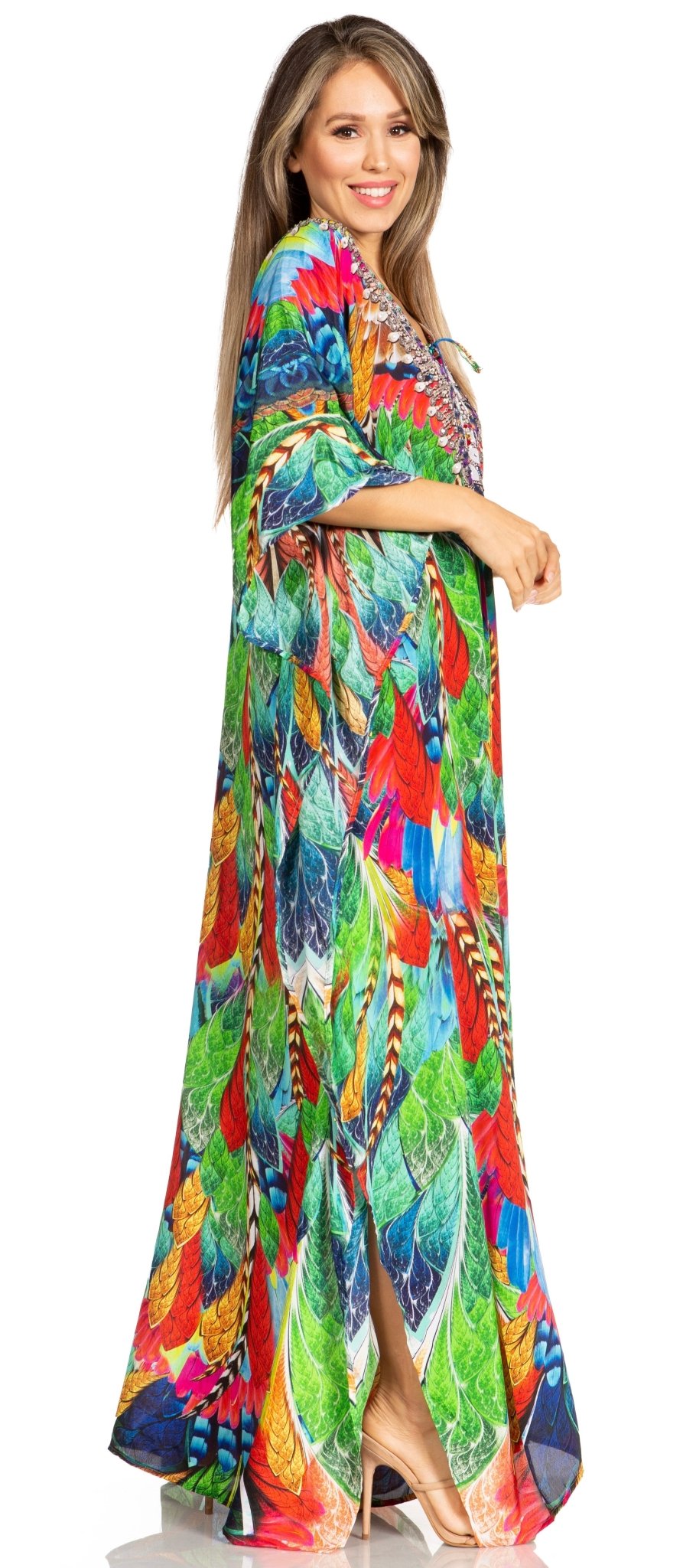Sakkas Yeni Women's Short Sleeve V-neck Summer Floral Long Caftan Dress Cover-up dresses La Vie Bien Sakkas Yeni Women's Short Sleeve V-neck Summer Floral Long Caftan Dress Cover-up