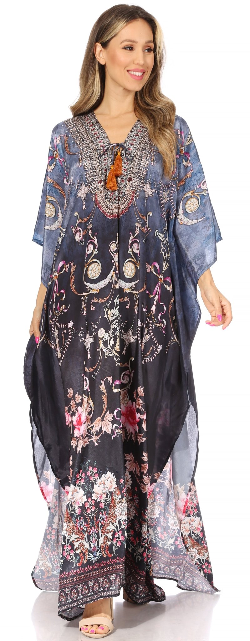 Sakkas Yeni Women's Short Sleeve V-neck Summer Floral Long Caftan Dress Cover-up dresses La Vie Bien Sakkas Yeni Women's Short Sleeve V-neck Summer Floral Long Caftan Dress Cover-up