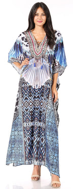 Sakkas Yeni Women's Short Sleeve V-neck Summer Floral Long Caftan Dress Cover-up dresses La Vie Bien Sakkas Yeni Women's Short Sleeve V-neck Summer Floral Long Caftan Dress Cover-up