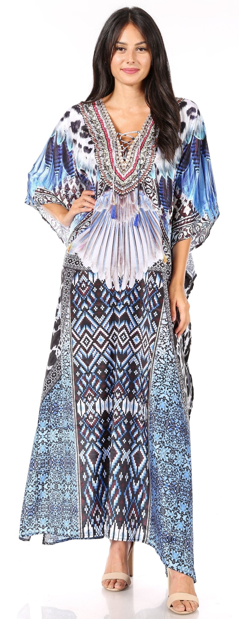 Sakkas Yeni Women's Short Sleeve V-neck Summer Floral Long Caftan Dress Cover-up dresses La Vie Bien Sakkas Yeni Women's Short Sleeve V-neck Summer Floral Long Caftan Dress Cover-up