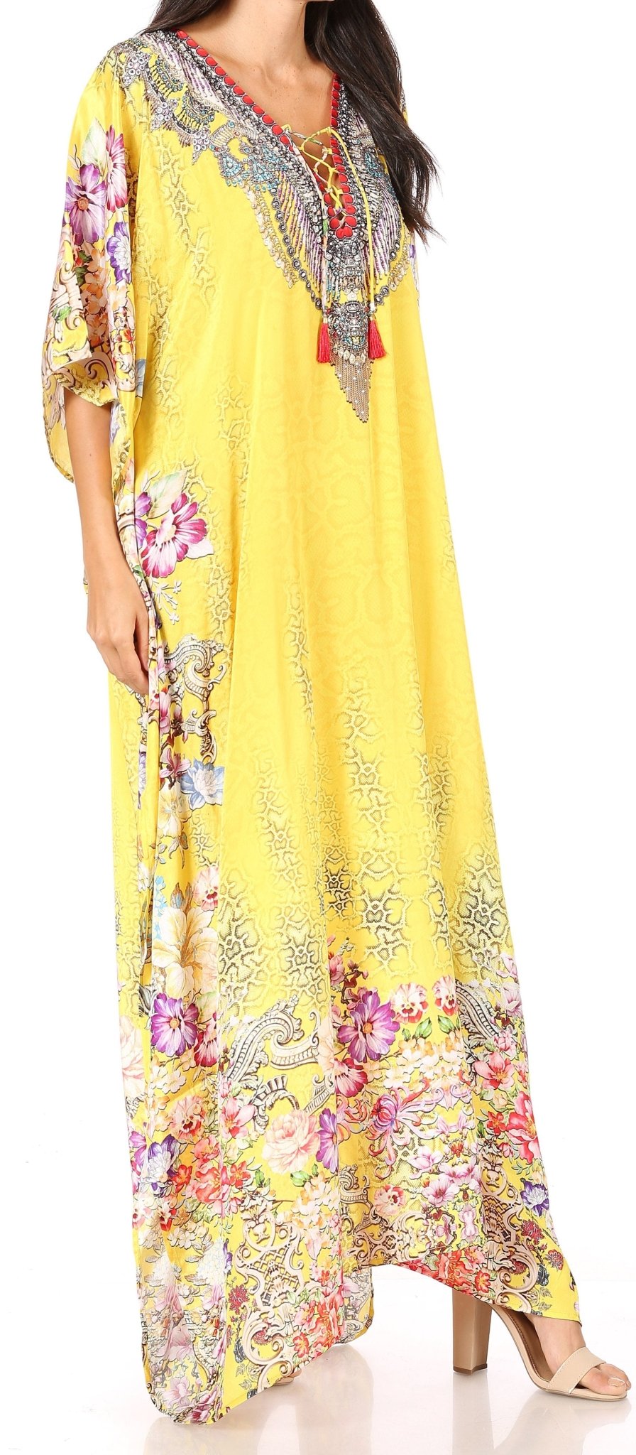 Sakkas Yeni Women's Short Sleeve V-neck Summer Floral Long Caftan Dress Cover-up dresses La Vie Bien Sakkas Yeni Women's Short Sleeve V-neck Summer Floral Long Caftan Dress Cover-up