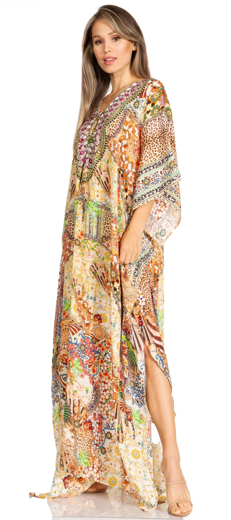 Sakkas Yeni Women's Short Sleeve V-neck Summer Floral Long Caftan Dress Cover-up dresses La Vie Bien Sakkas Yeni Women's Short Sleeve V-neck Summer Floral Long Caftan Dress Cover-up