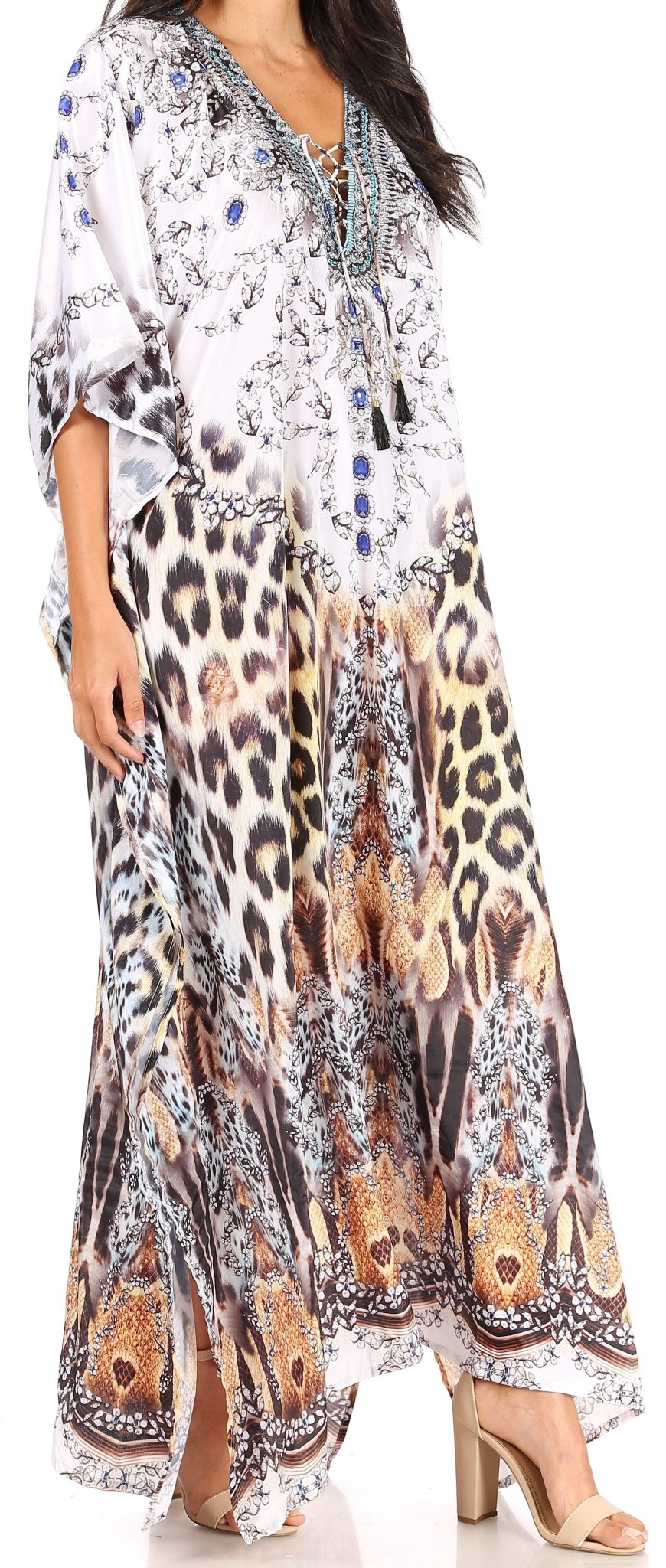 Sakkas Yeni Women's Short Sleeve V-neck Summer Floral Long Caftan Dress Cover-up dresses La Vie Bien Sakkas Yeni Women's Short Sleeve V-neck Summer Floral Long Caftan Dress Cover-up