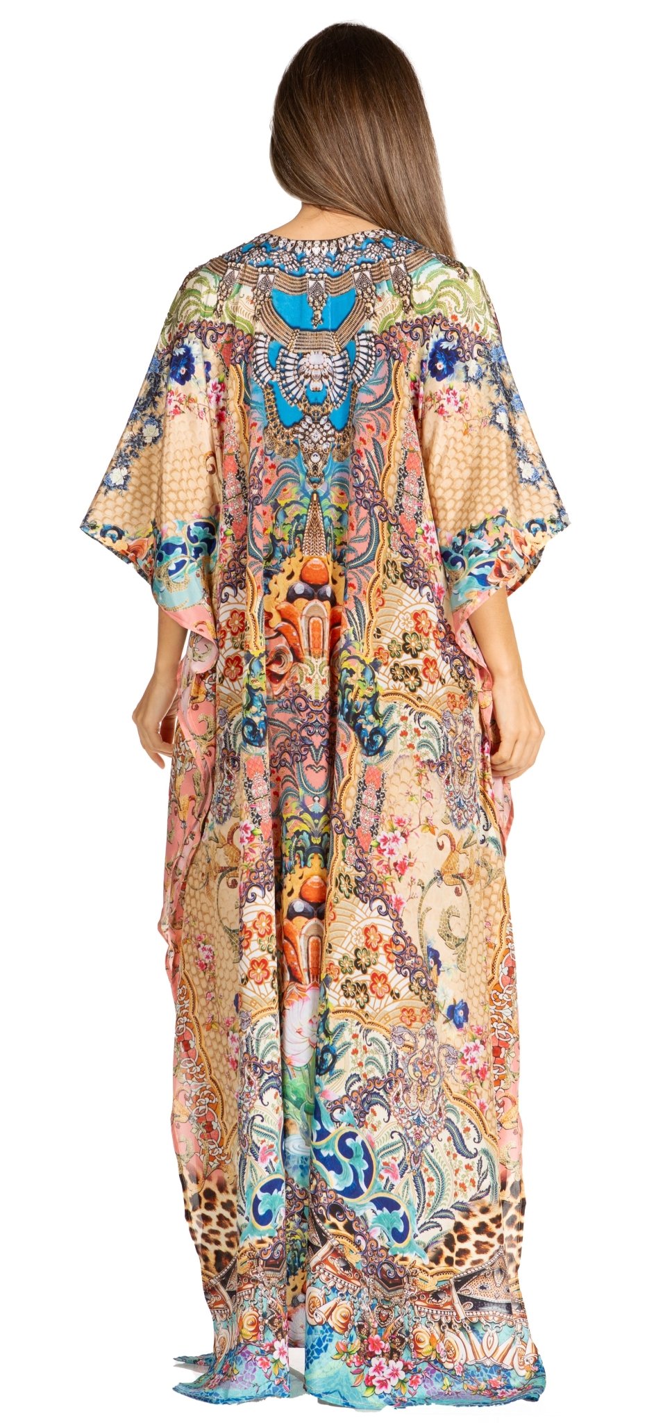 Sakkas Yeni Women's Short Sleeve V-neck Summer Floral Long Caftan Dress Cover-up dresses La Vie Bien Sakkas Yeni Women's Short Sleeve V-neck Summer Floral Long Caftan Dress Cover-up