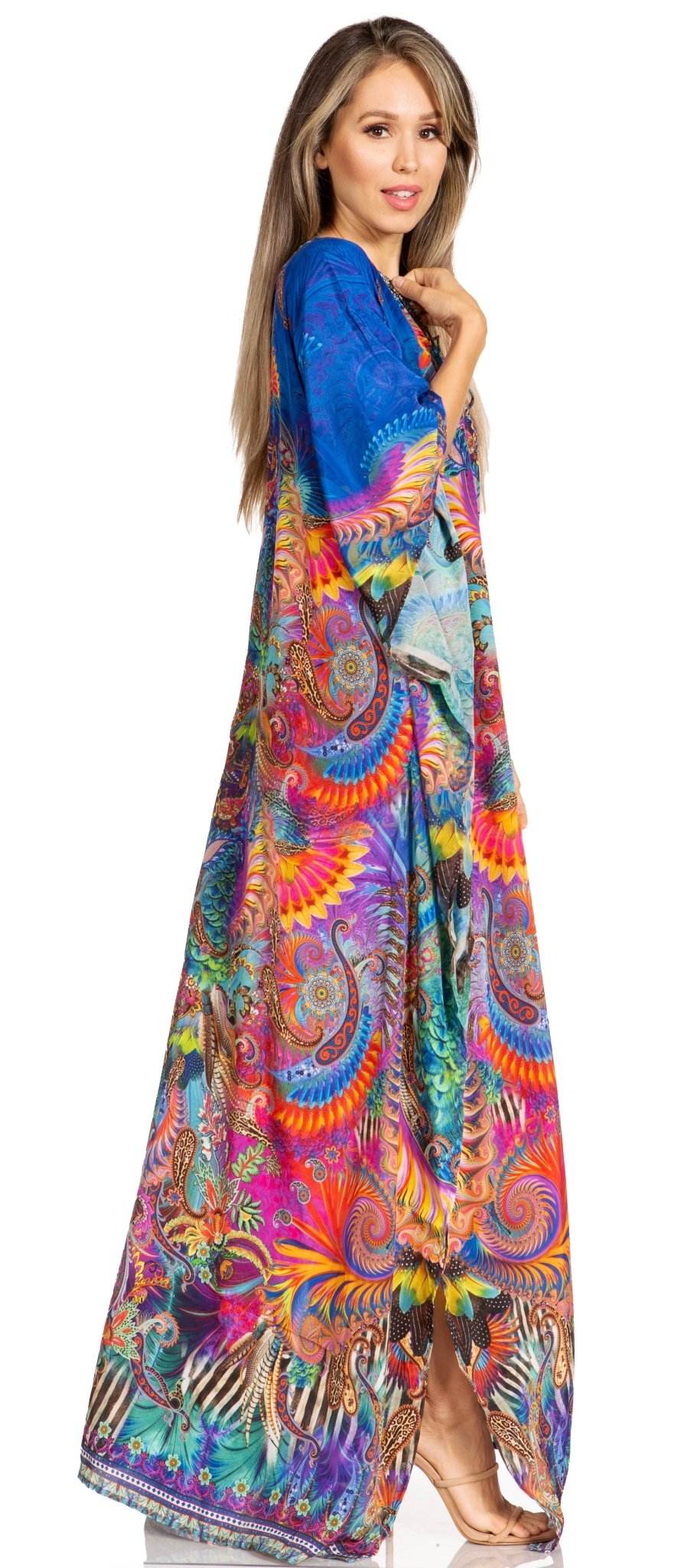 Sakkas Yeni Women's Short Sleeve V-neck Summer Floral Long Caftan Dress Cover-up dresses La Vie Bien Sakkas Yeni Women's Short Sleeve V-neck Summer Floral Long Caftan Dress Cover-up
