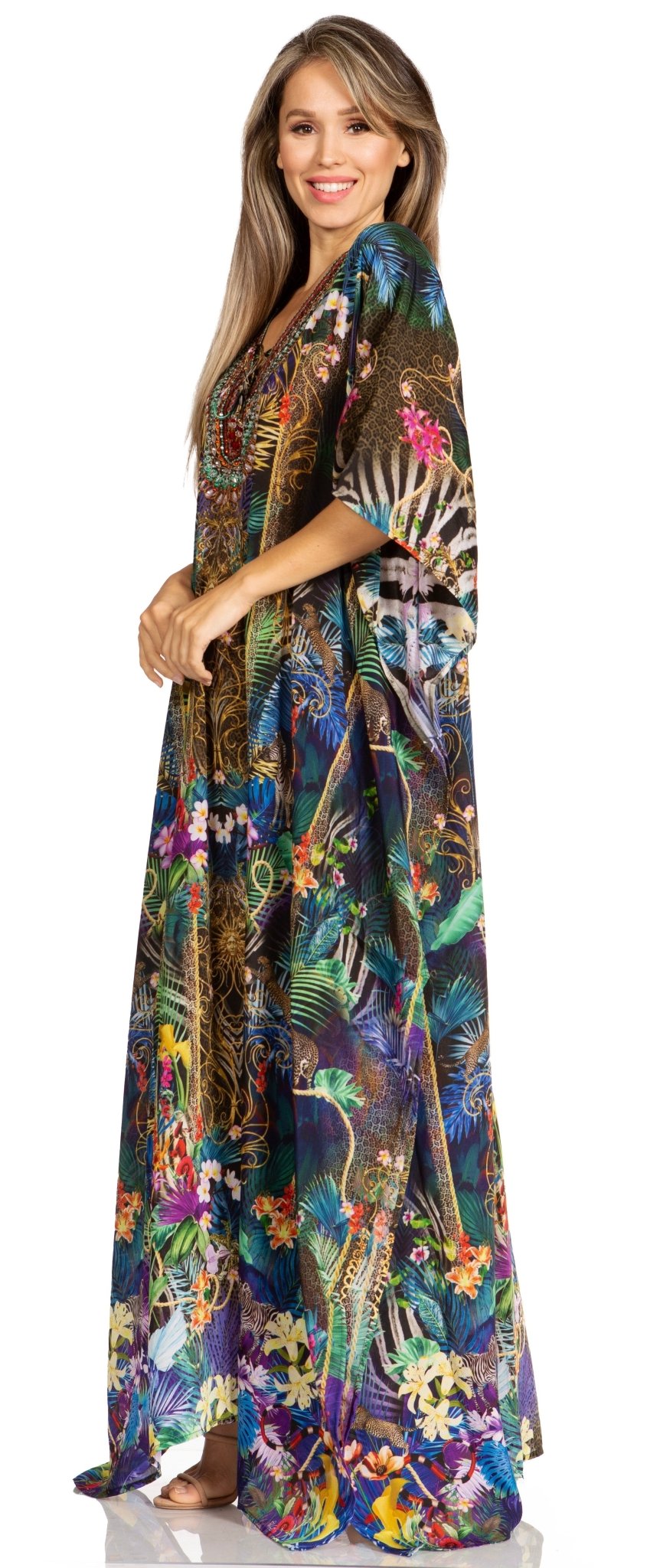 Sakkas Yeni Women's Short Sleeve V-neck Summer Floral Long Caftan Dress Cover-up dresses La Vie Bien Sakkas Yeni Women's Short Sleeve V-neck Summer Floral Long Caftan Dress Cover-up