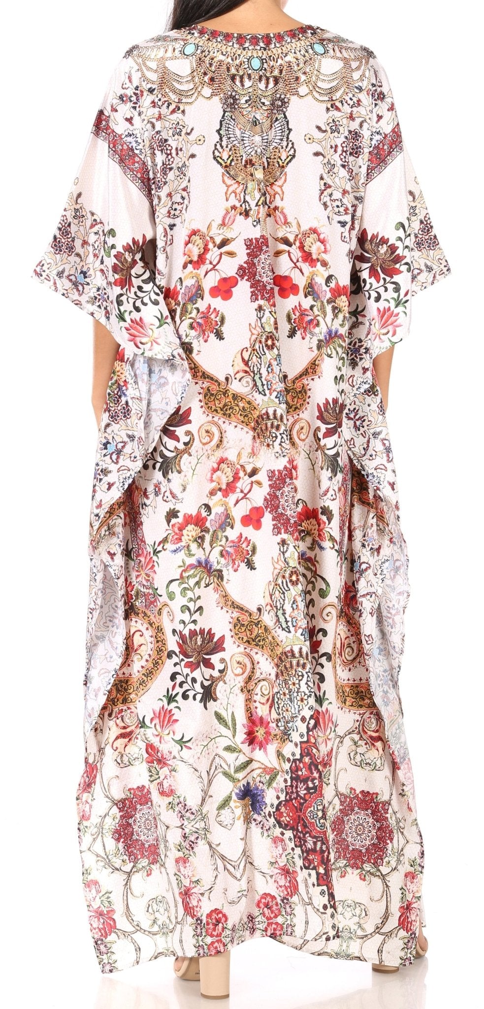 Sakkas Yeni Women's Short Sleeve V-neck Summer Floral Long Caftan Dress Cover-up dresses La Vie Bien Sakkas Yeni Women's Short Sleeve V-neck Summer Floral Long Caftan Dress Cover-up