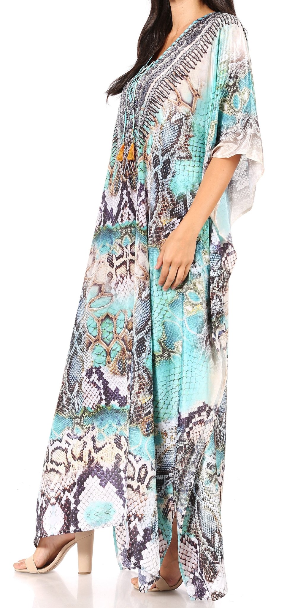 Sakkas Yeni Women's Short Sleeve V-neck Summer Floral Long Caftan Dress Cover-up dresses La Vie Bien Sakkas Yeni Women's Short Sleeve V-neck Summer Floral Long Caftan Dress Cover-up