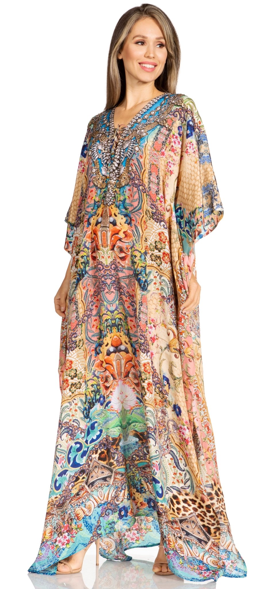 Sakkas Yeni Women's Short Sleeve V-neck Summer Floral Long Caftan Dress Cover-up dresses La Vie Bien Sakkas Yeni Women's Short Sleeve V-neck Summer Floral Long Caftan Dress Cover-up