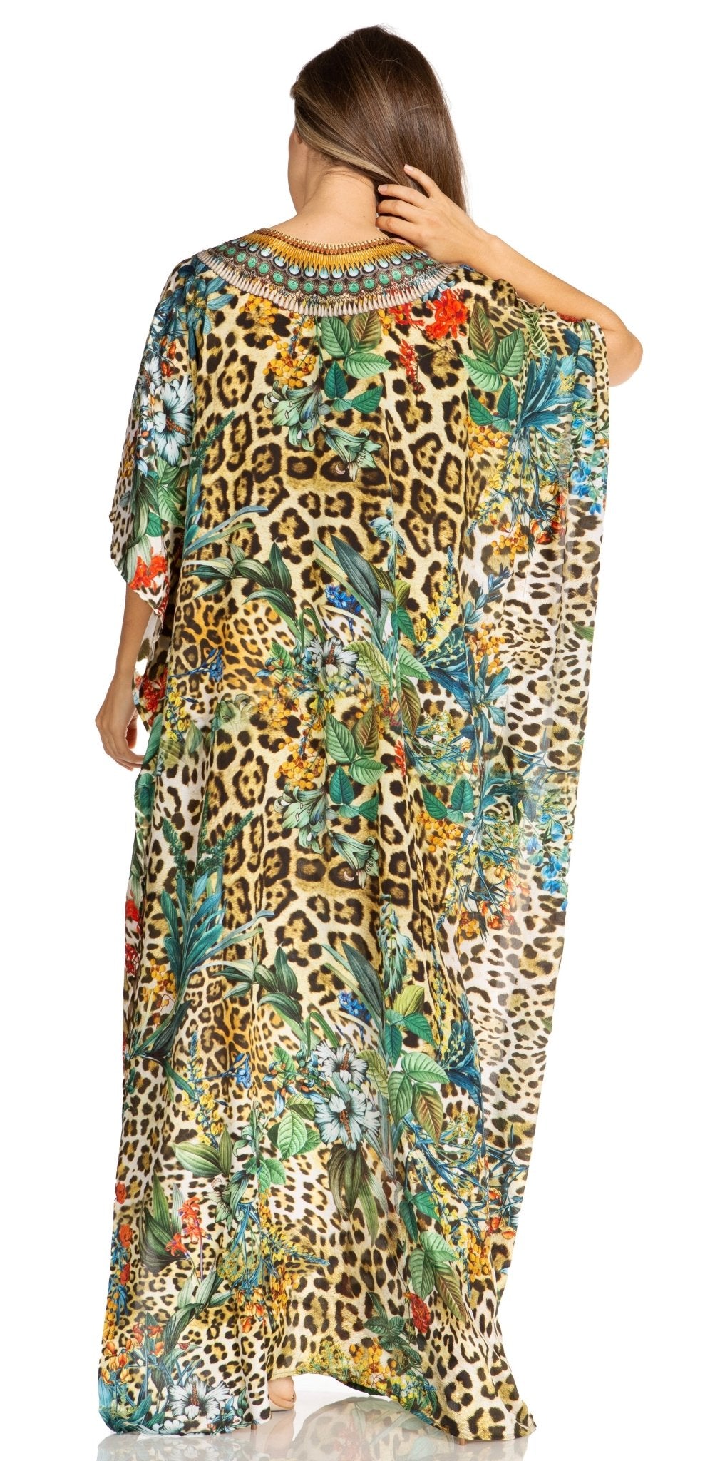 Sakkas Yeni Women's Short Sleeve V-neck Summer Floral Long Caftan Dress Cover-up dresses La Vie Bien Sakkas Yeni Women's Short Sleeve V-neck Summer Floral Long Caftan Dress Cover-up