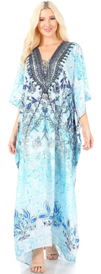 Sakkas Yeni Women's Short Sleeve V-neck Summer Floral Long Caftan Dress Cover-up dresses La Vie Bien Sakkas Yeni Women's Short Sleeve V-neck Summer Floral Long Caftan Dress Cover-up