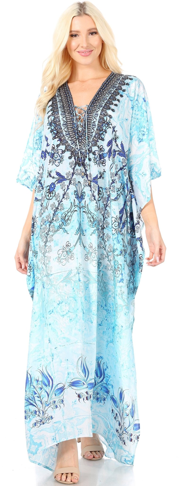 Sakkas Yeni Women's Short Sleeve V-neck Summer Floral Long Caftan Dress Cover-up dresses La Vie Bien Sakkas Yeni Women's Short Sleeve V-neck Summer Floral Long Caftan Dress Cover-up