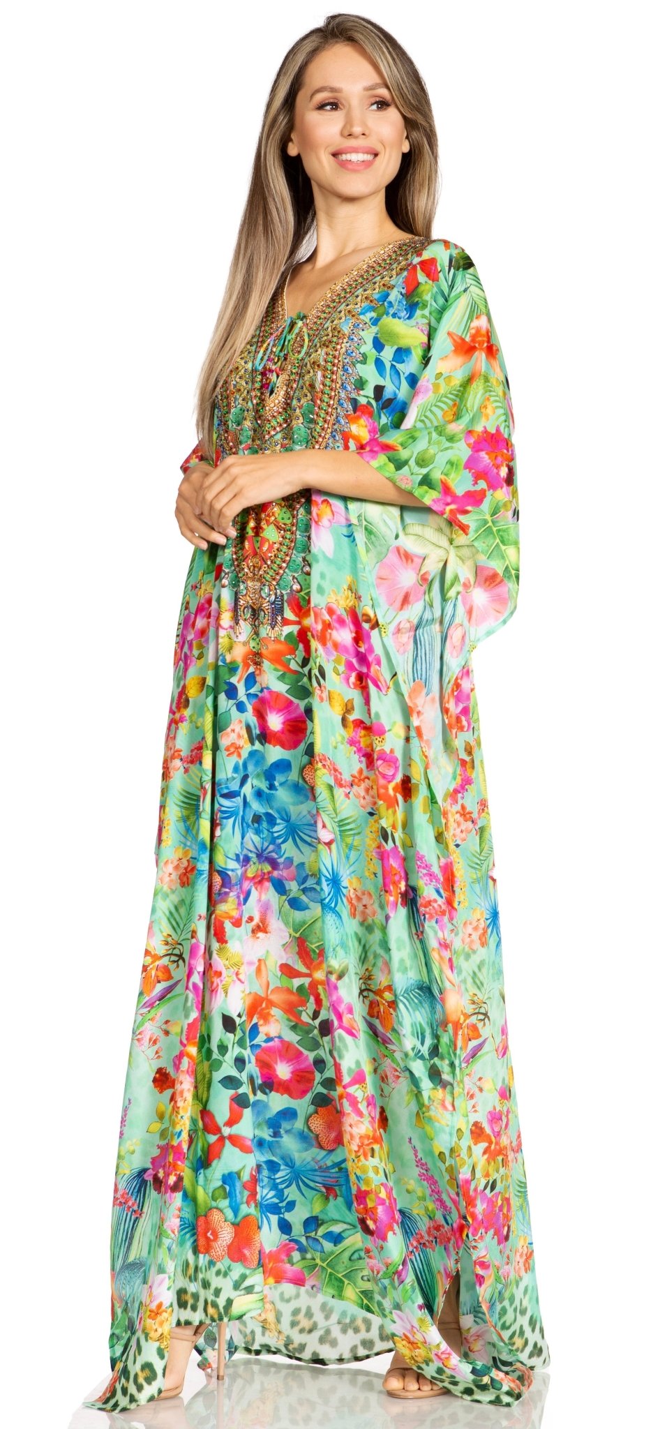 Sakkas Yeni Women's Short Sleeve V-neck Summer Floral Long Caftan Dress Cover-up dresses La Vie Bien Sakkas Yeni Women's Short Sleeve V-neck Summer Floral Long Caftan Dress Cover-up