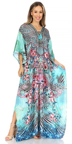 Sakkas Yeni Women's Short Sleeve V-neck Summer Floral Long Caftan Dress Cover-up dresses La Vie Bien Sakkas Yeni Women's Short Sleeve V-neck Summer Floral Long Caftan Dress Cover-up