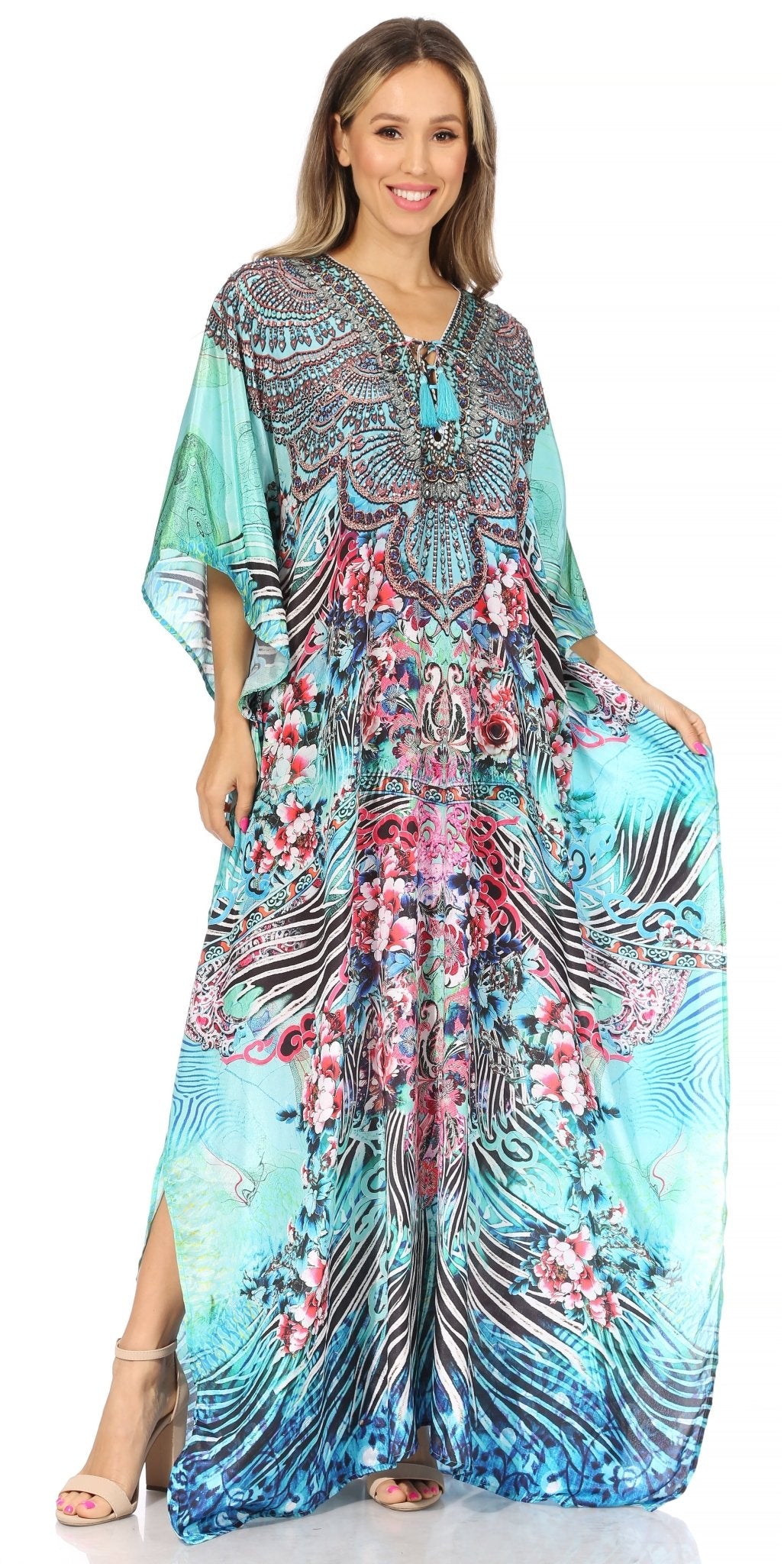 Sakkas Yeni Women's Short Sleeve V-neck Summer Floral Long Caftan Dress Cover-up dresses La Vie Bien Sakkas Yeni Women's Short Sleeve V-neck Summer Floral Long Caftan Dress Cover-up