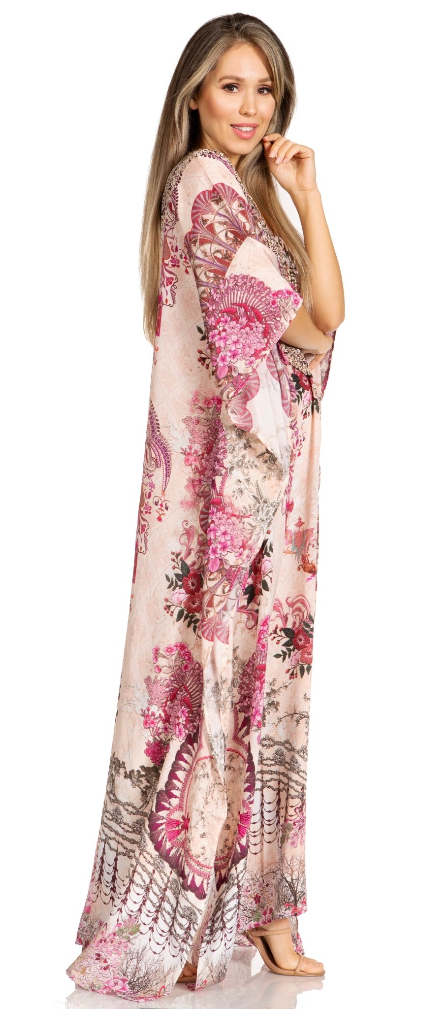 Sakkas Yeni Women's Short Sleeve V-neck Summer Floral Long Caftan Dress Cover-up dresses La Vie Bien Sakkas Yeni Women's Short Sleeve V-neck Summer Floral Long Caftan Dress Cover-up