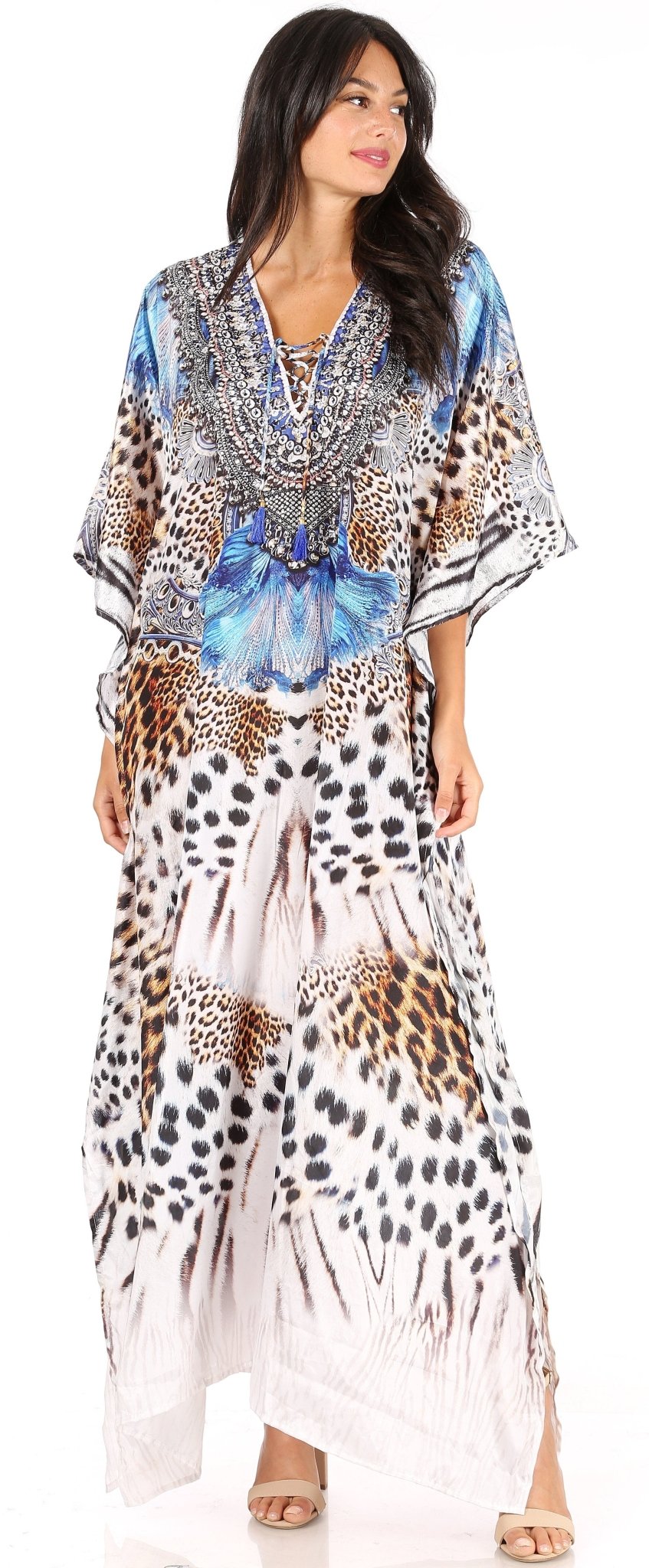 Sakkas Yeni Women's Short Sleeve V-neck Summer Floral Long Caftan Dress Cover-up dresses La Vie Bien Sakkas Yeni Women's Short Sleeve V-neck Summer Floral Long Caftan Dress Cover-up