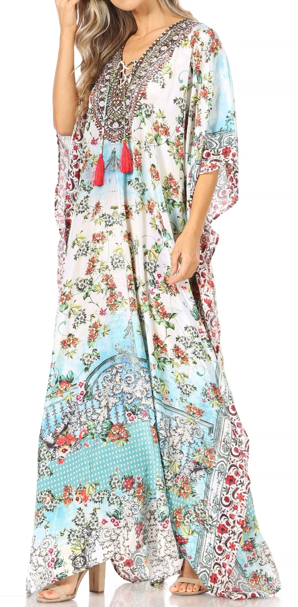 Sakkas Yeni Women's Short Sleeve V-neck Summer Floral Long Caftan Dress Cover-up dresses La Vie Bien Sakkas Yeni Women's Short Sleeve V-neck Summer Floral Long Caftan Dress Cover-up