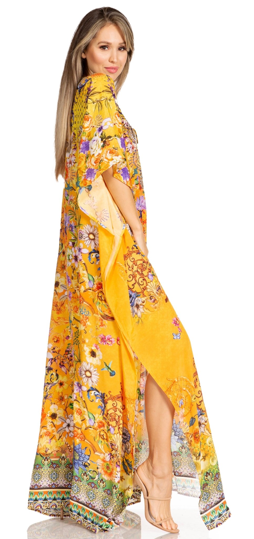 Sakkas Yeni Women's Short Sleeve V-neck Summer Floral Long Caftan Dress Cover-up dresses La Vie Bien Sakkas Yeni Women's Short Sleeve V-neck Summer Floral Long Caftan Dress Cover-up