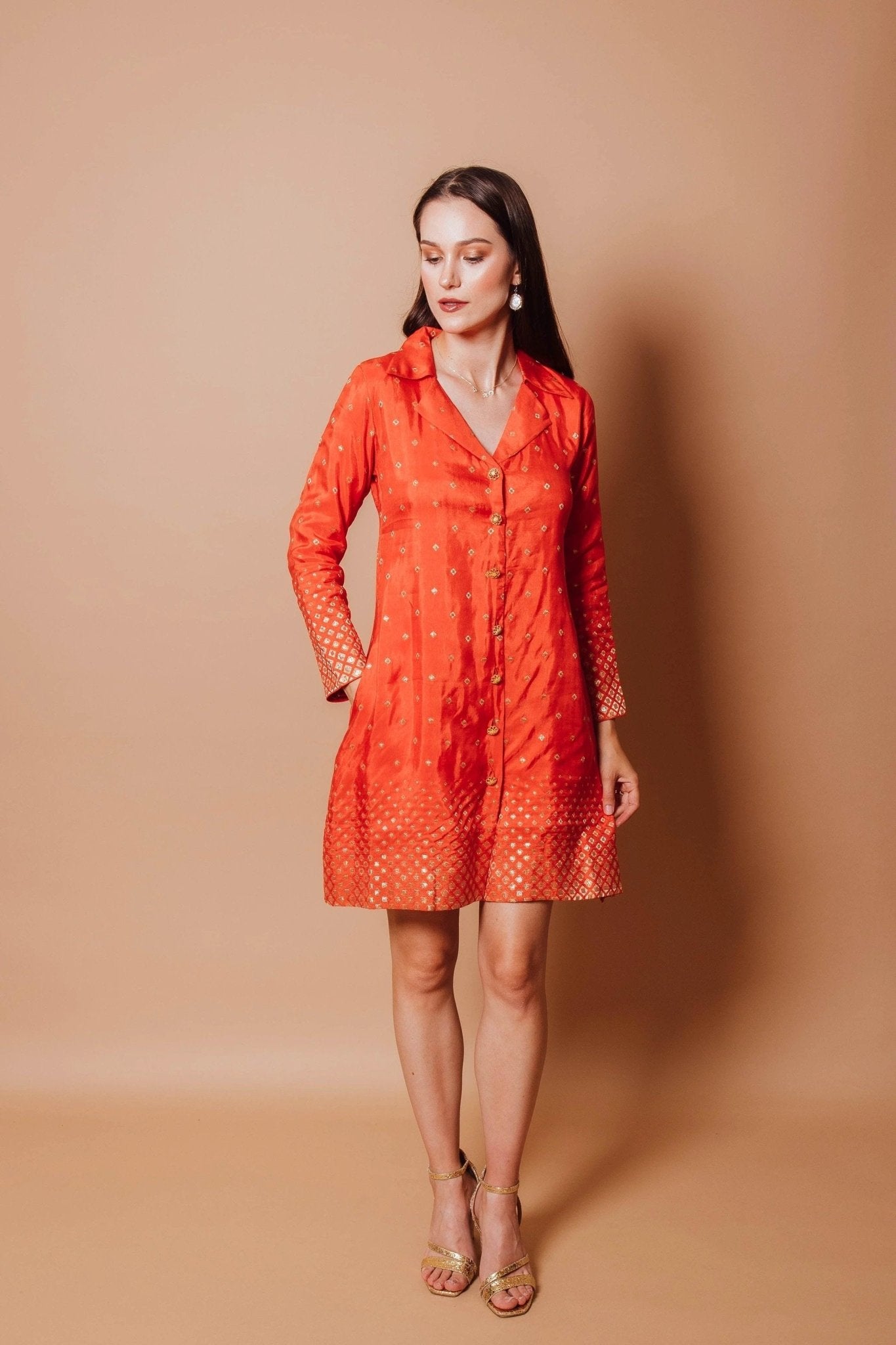 Samara Orange Blazer Dress with Jacquard Silk by Raas