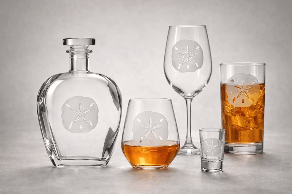 Sand Dollar Etched Glassware Kitchen Accessories La Vie Bien Sand Dollar Etched Glassware