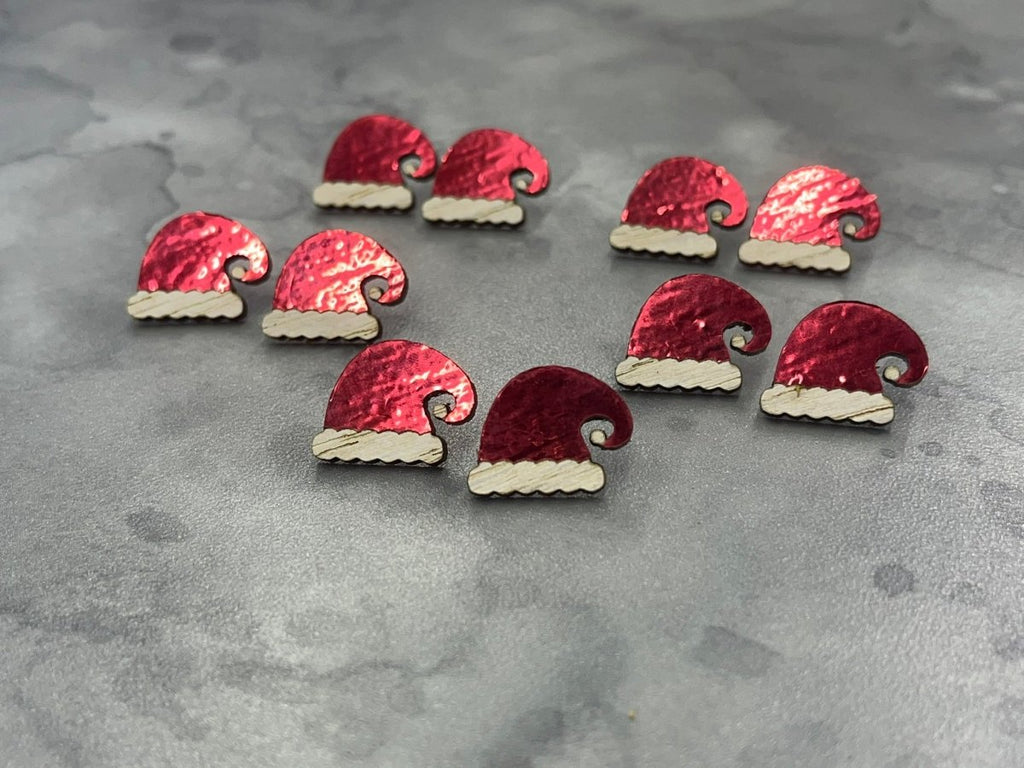 Santa Hat Earrings, Wood Stud Earrings