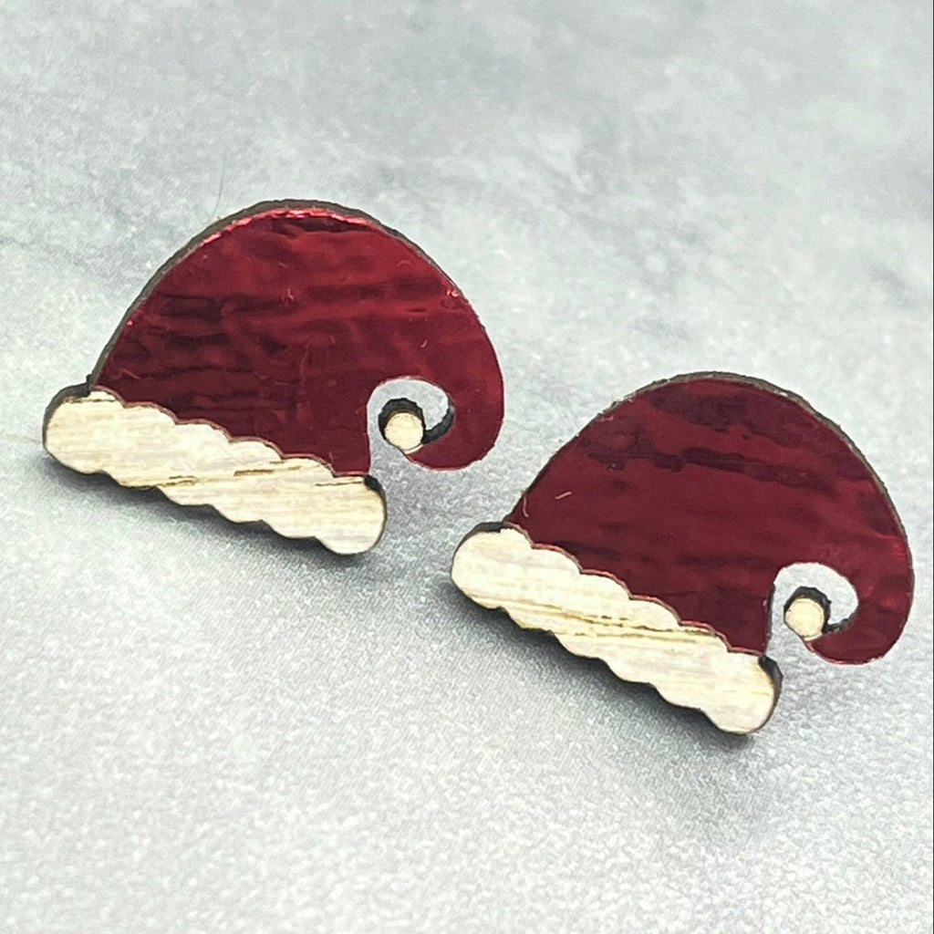 Santa Hat Earrings, Wood Stud Earrings