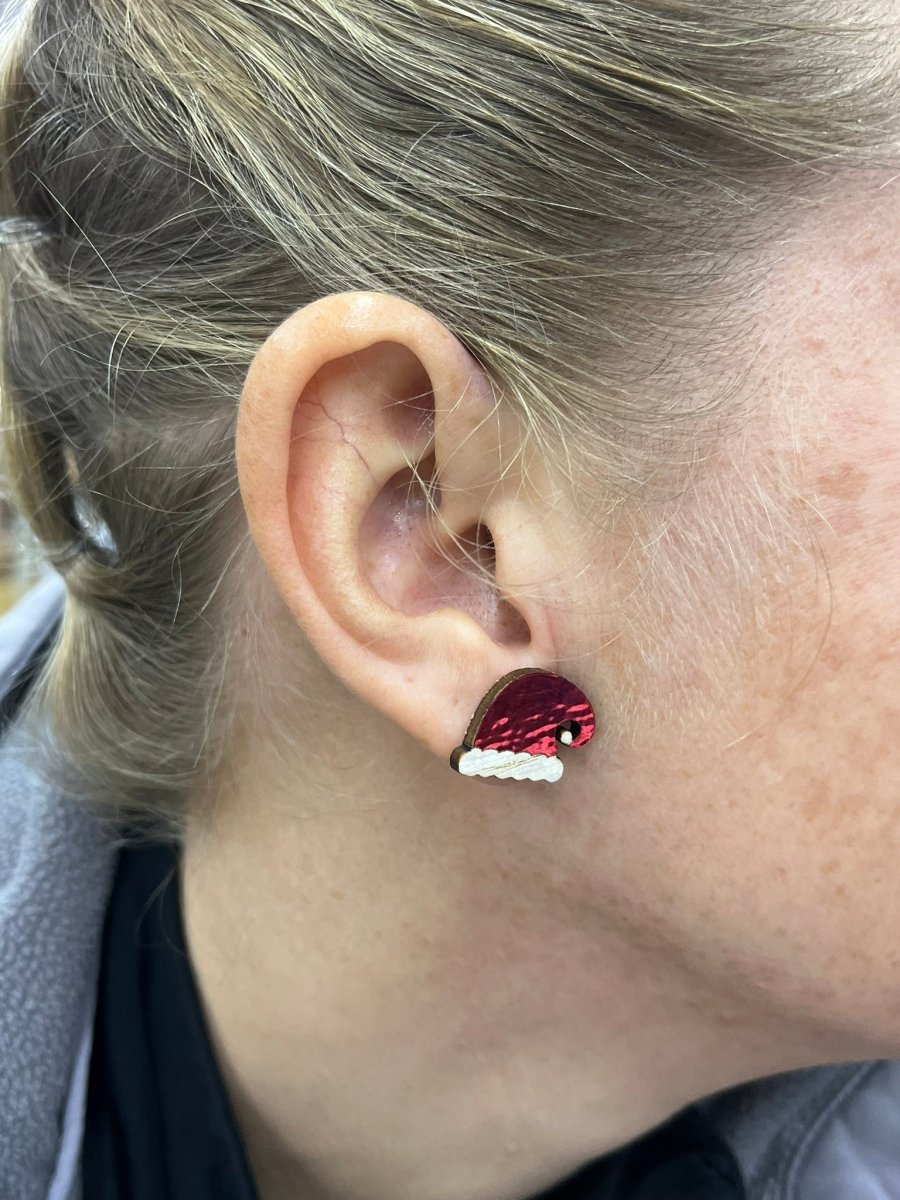 Santa Hat Earrings, Wood Stud Earrings