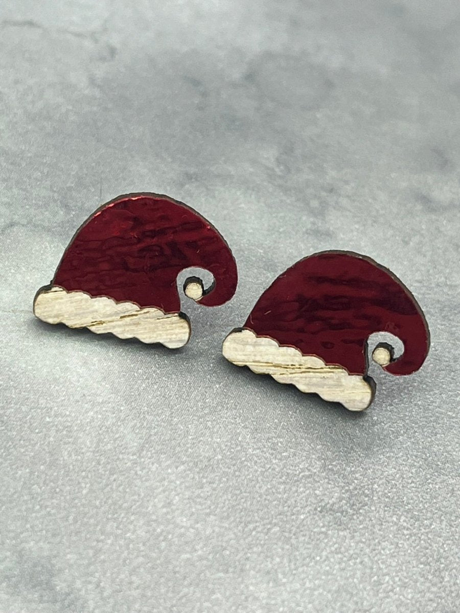 Santa Hat Earrings, Wood Stud Earrings