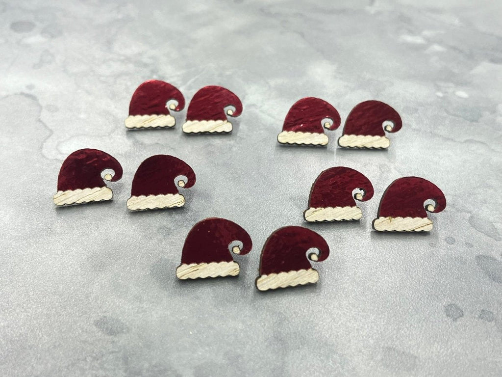 Santa Hat Earrings, Wood Stud Earrings