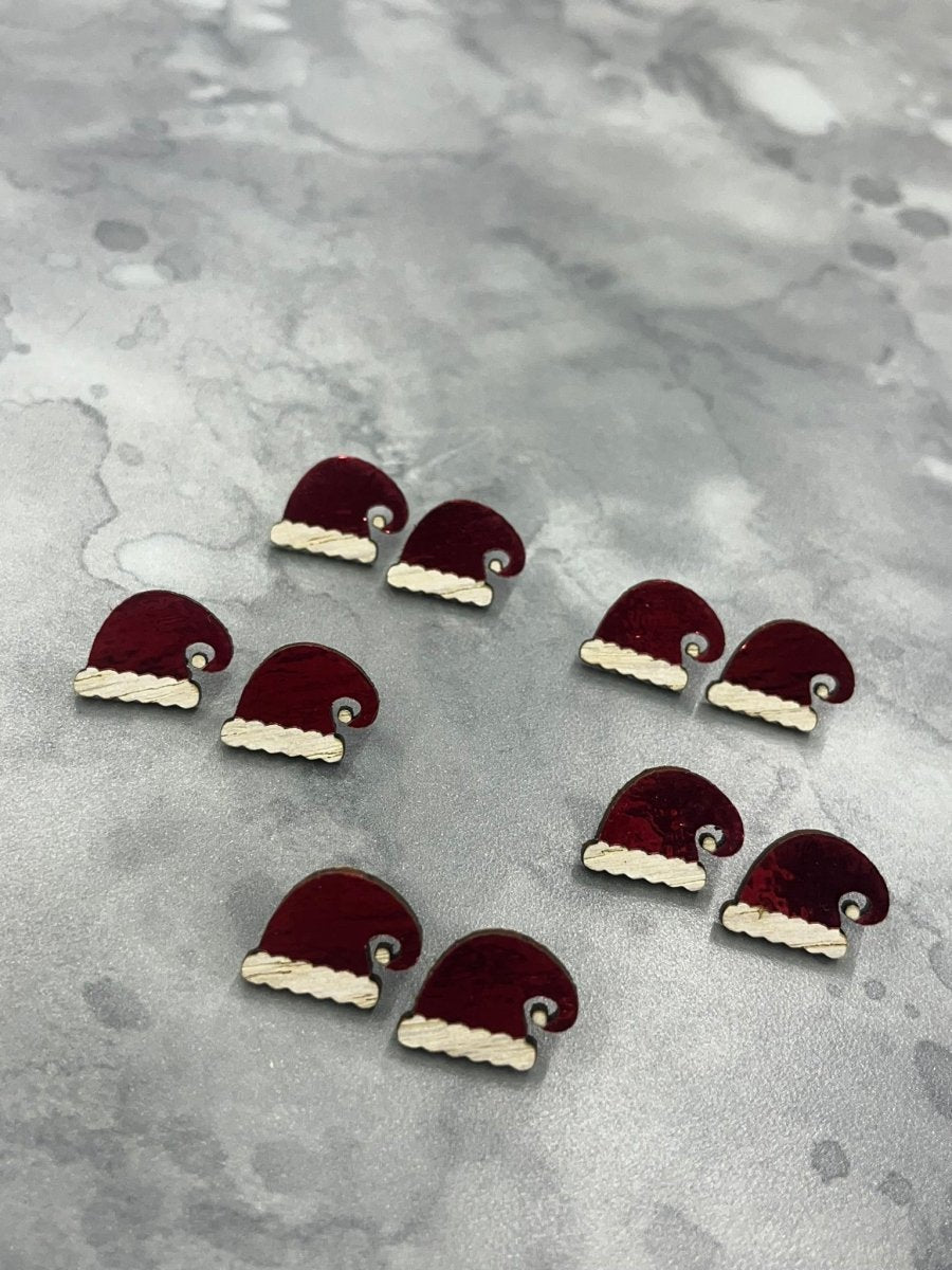 Santa Hat Earrings, Wood Stud Earrings