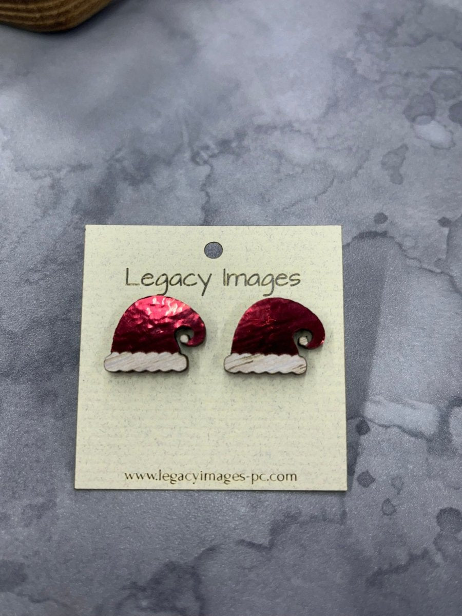 Santa Hat Earrings, Wood Stud Earrings