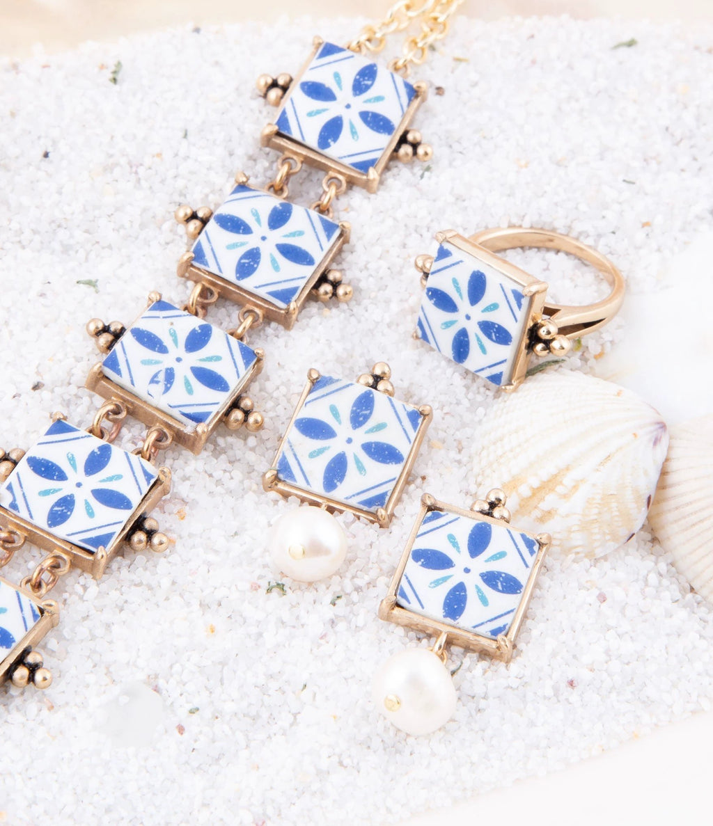 Santorini Blue and White Tile Golden Statement Ring by Barse Jewelry