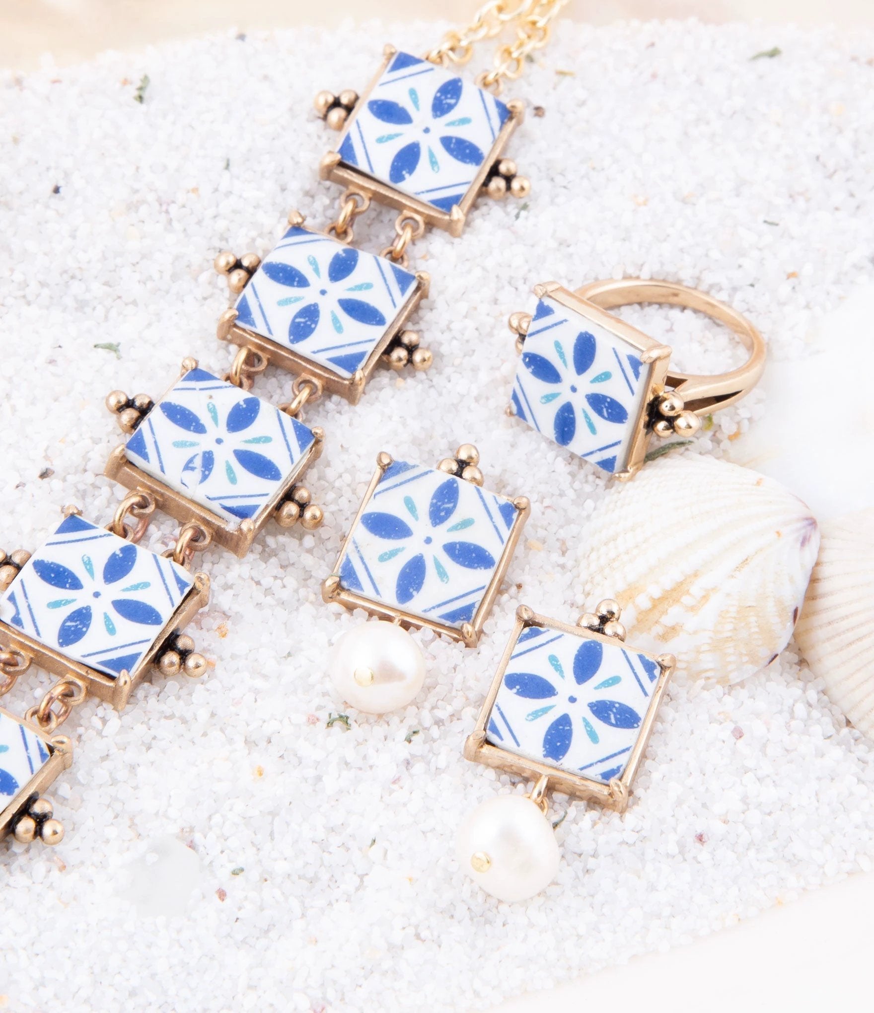 Santorini Blue and White Tile Golden Statement Ring by Barse Jewelry