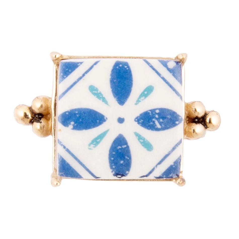 Santorini Blue and White Tile Golden Statement Ring by Barse Jewelry