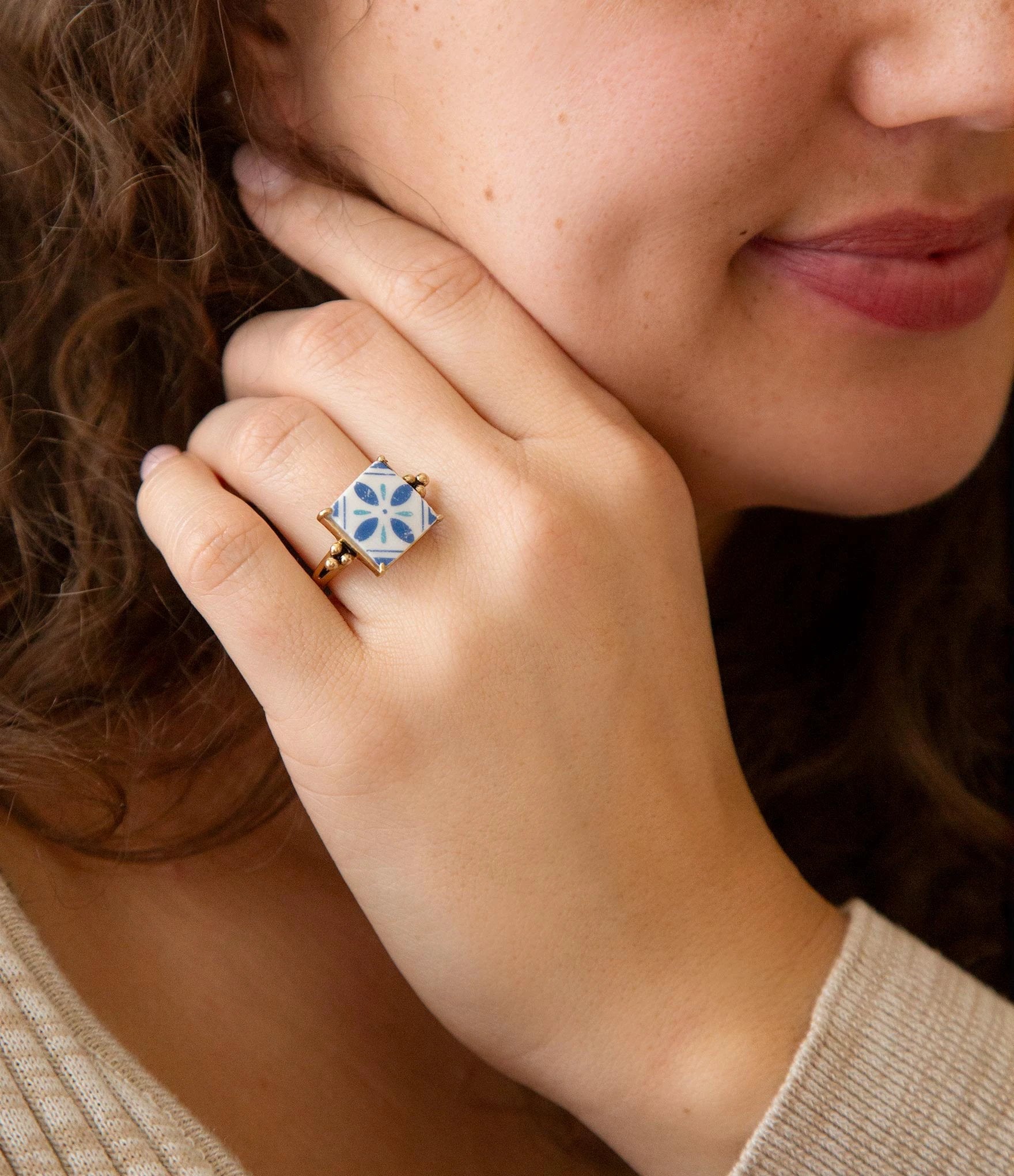 Santorini Blue and White Tile Golden Statement Ring by Barse Jewelry