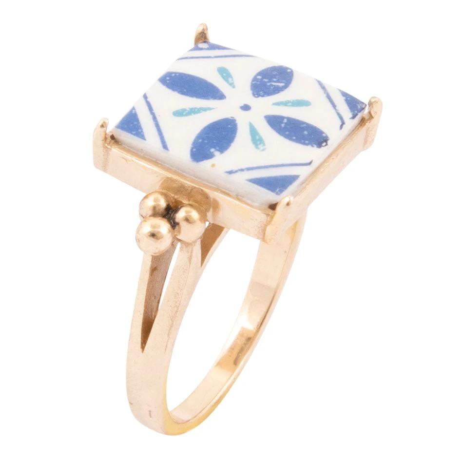 Santorini Blue and White Tile Golden Statement Ring by Barse Jewelry