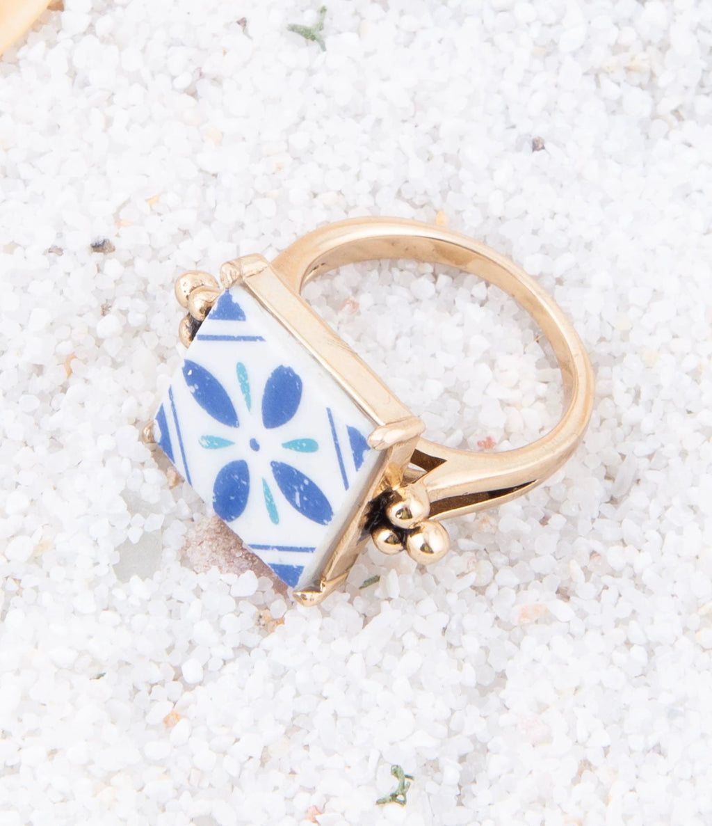 Santorini Blue and White Tile Golden Statement Ring by Barse Jewelry
