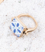 Santorini Blue and White Tile Golden Statement Ring by Barse Jewelry
