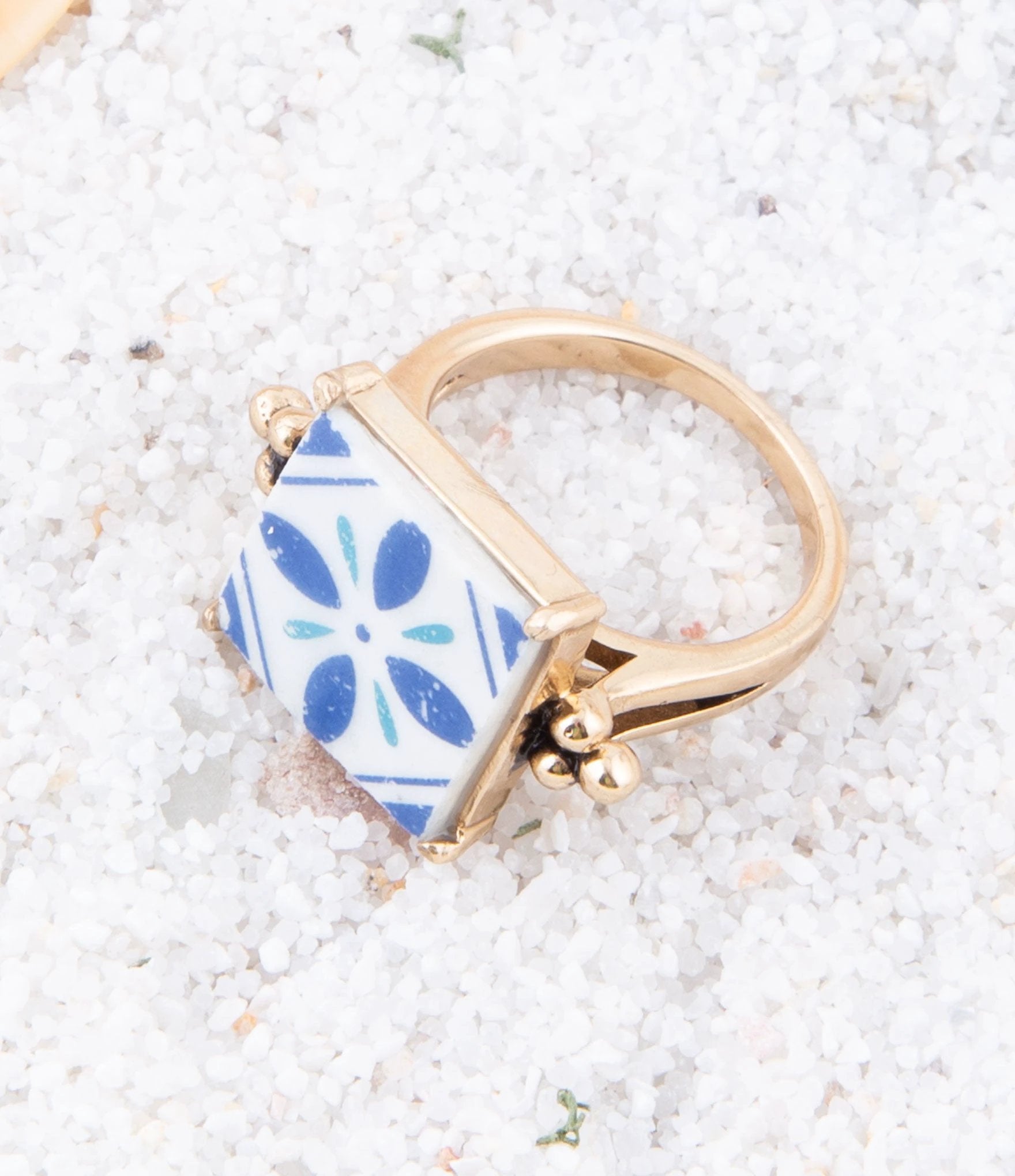 Santorini Blue and White Tile Golden Statement Ring by Barse Jewelry