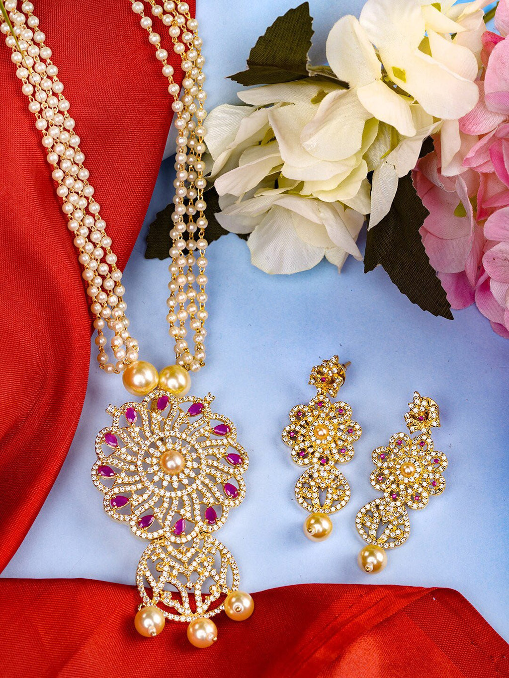 Saraf RS Jewellery Gold-Polished White & Pink American Diamond Studded & Beaded Handcrafted Set Saraf RS Jewellery La Vie Bien Saraf RS Jewellery Gold-Polished White & Pink American Diamond Studded & Beaded Handcrafted Set