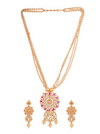 Saraf RS Jewellery Gold-Polished White & Pink American Diamond Studded & Beaded Handcrafted Set Saraf RS Jewellery La Vie Bien Saraf RS Jewellery Gold-Polished White & Pink American Diamond Studded & Beaded Handcrafted Set