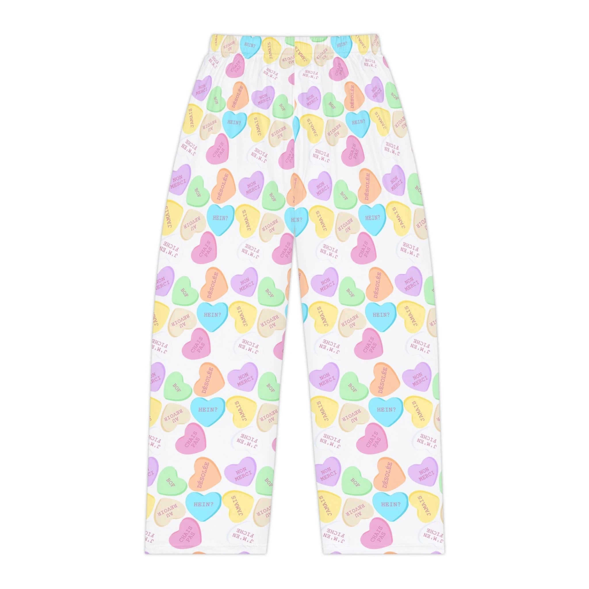 Sassy French Candy Heart Pajama Pants, Pastel Conversation Hearts Print Sleepwear by Printify