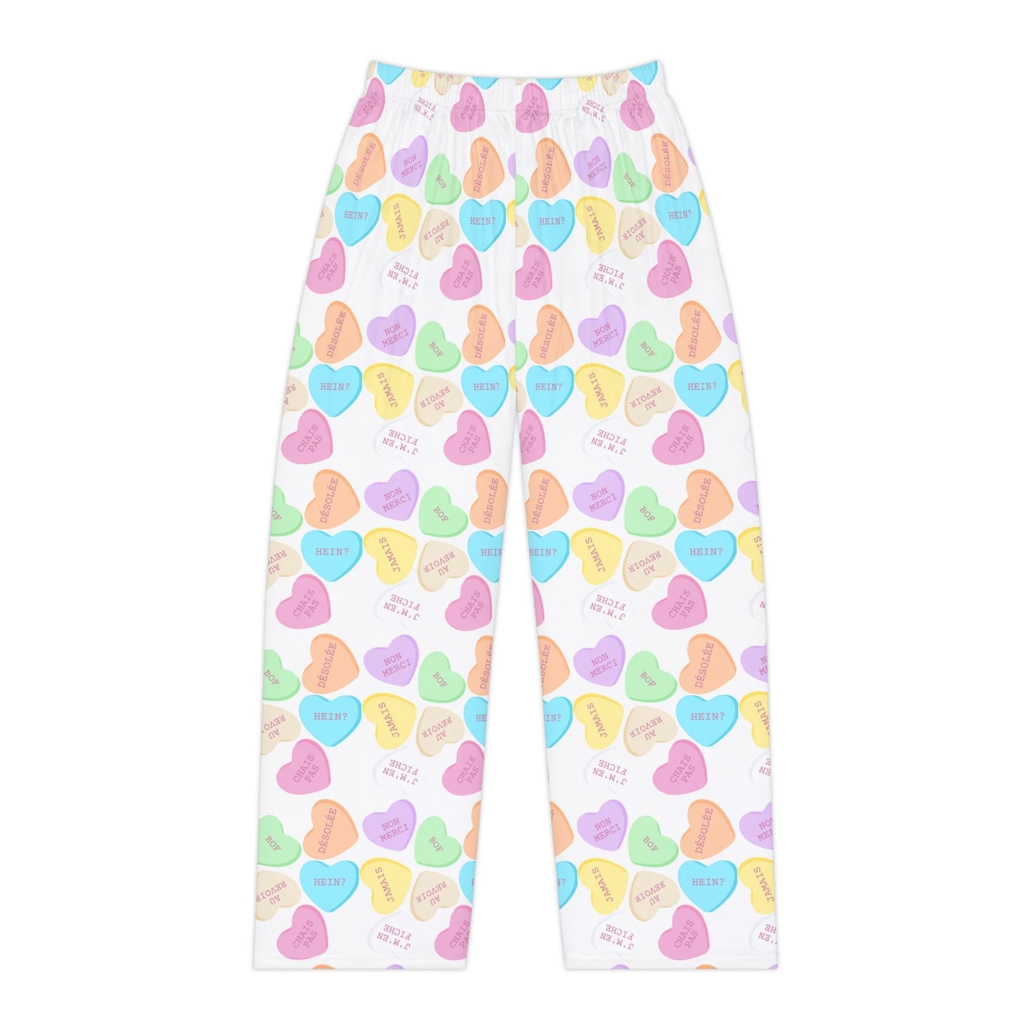 Sassy French Candy Heart Pajama Pants, Pastel Conversation Hearts Print Sleepwear by Printify