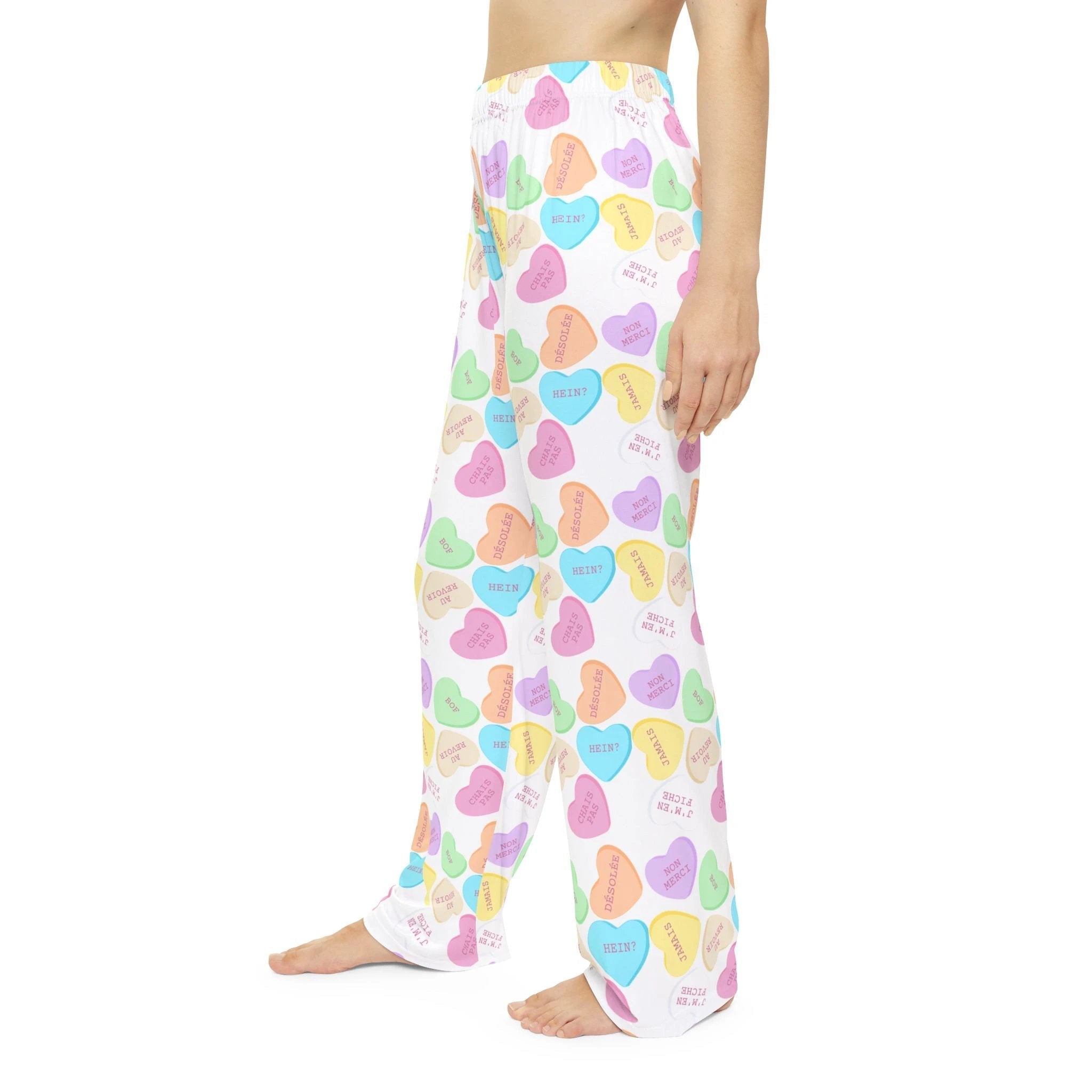 Sassy French Candy Heart Pajama Pants, Pastel Conversation Hearts Print Sleepwear by Printify